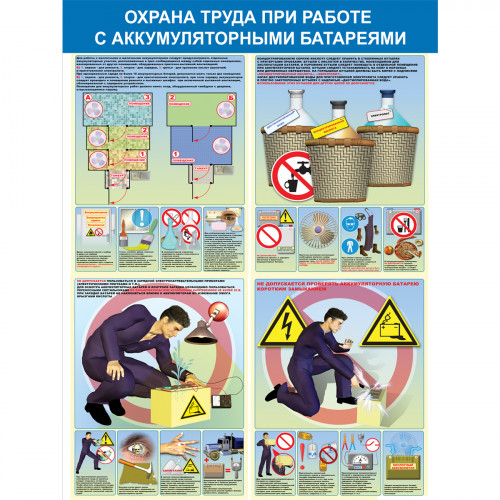 Стенд "Охрана труда при работе с аккумуляторными батареями СТ123 (Пленка 1000 x 750)"